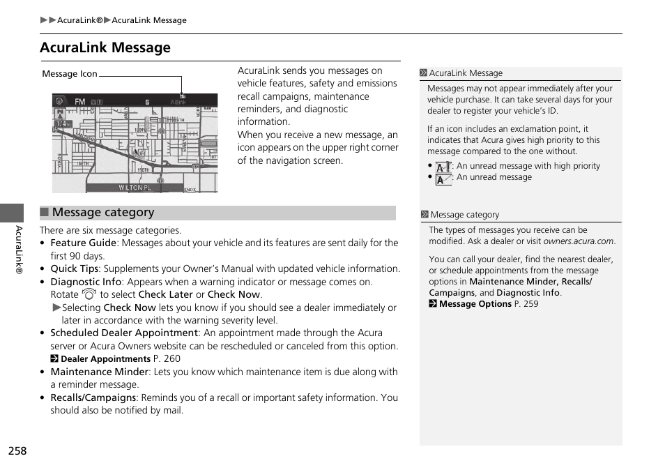 Acuralink message, Message category | Acura 2015 MDX - Navigation Manual (Without Software Update) Ver. ST02 User Manual | Page 259 / 341