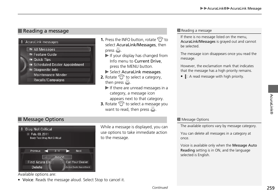 Reading a message, Message options | Acura 2015 MDX - Navigation Manual (Without Software Update) Ver. ST02 User Manual | Page 260 / 341