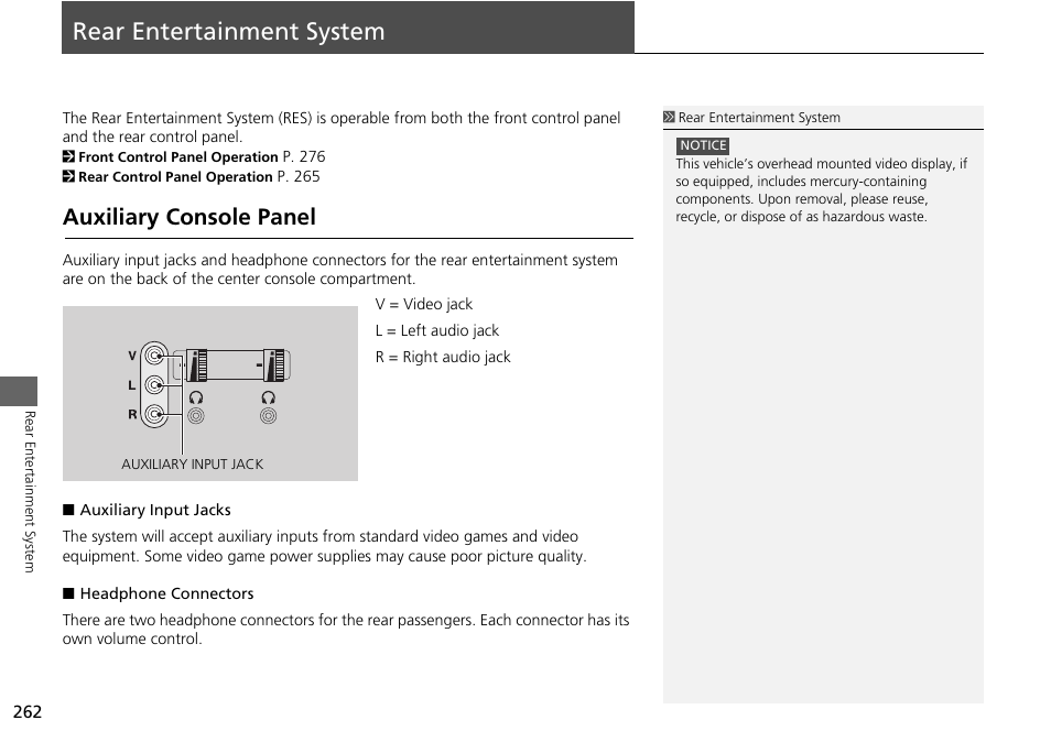 Rear entertainment system 262, Rear entertainment system, Auxiliary console panel | Acura 2015 MDX - Navigation Manual (Without Software Update) Ver. ST02 User Manual | Page 263 / 341