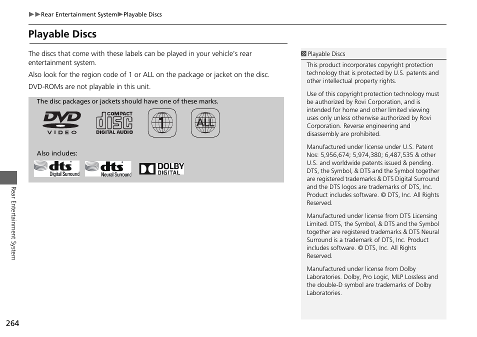 Playable discs | Acura 2015 MDX - Navigation Manual (Without Software Update) Ver. ST02 User Manual | Page 265 / 341