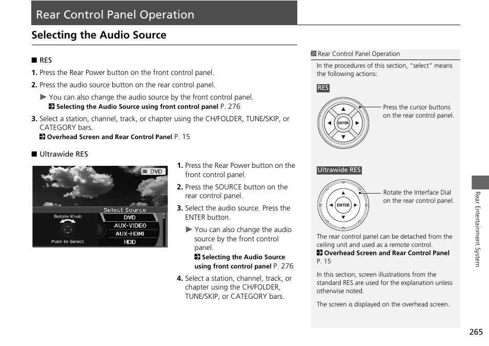 Rear control panel operation 265, Rear control panel operation, Selecting the audio source | 2 rear control panel operation, P. 265 | Acura 2015 MDX - Navigation Manual (Without Software Update) Ver. ST02 User Manual | Page 266 / 341