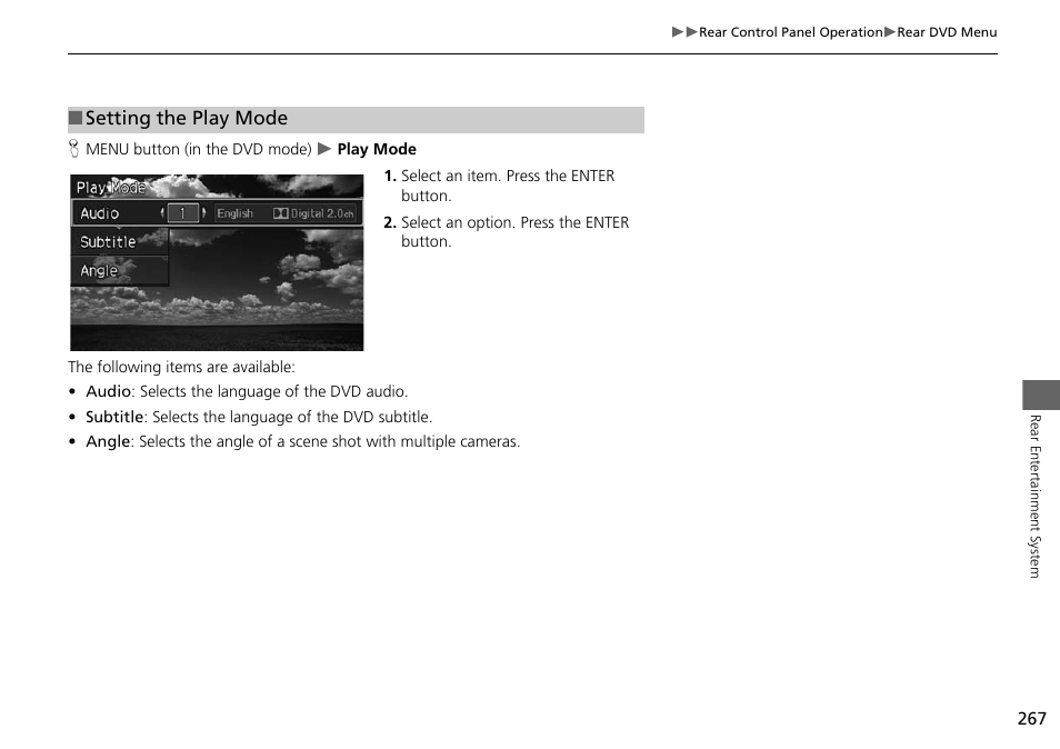 2 setting the play mode, P. 267, Setting the play mode | Acura 2015 MDX - Navigation Manual (Without Software Update) Ver. ST02 User Manual | Page 268 / 341