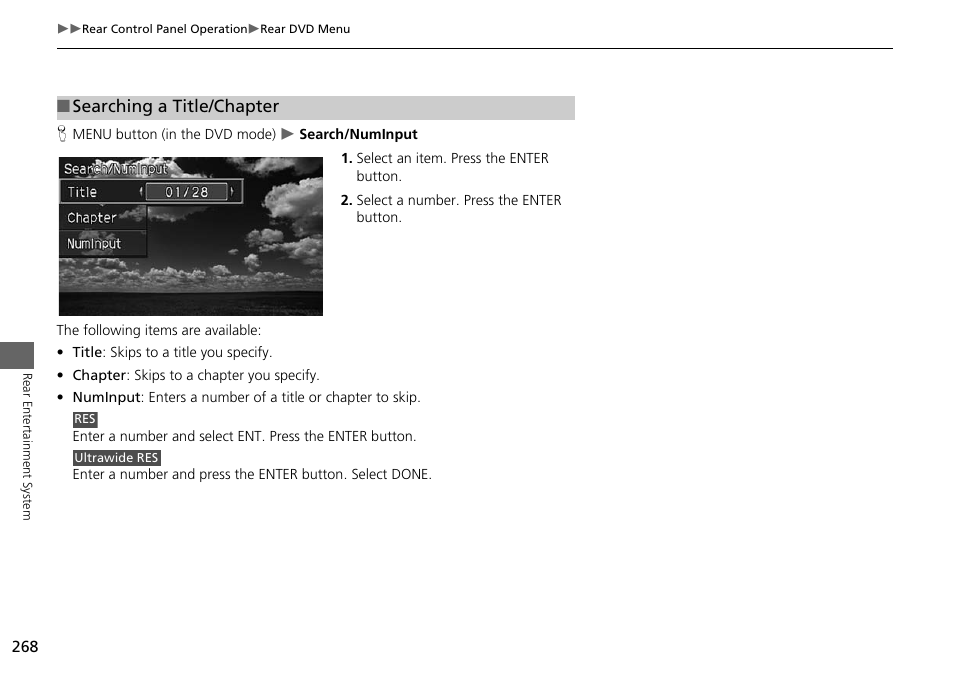 2 searching a title/chapter, P. 268, Searching a title/chapter | Acura 2015 MDX - Navigation Manual (Without Software Update) Ver. ST02 User Manual | Page 269 / 341
