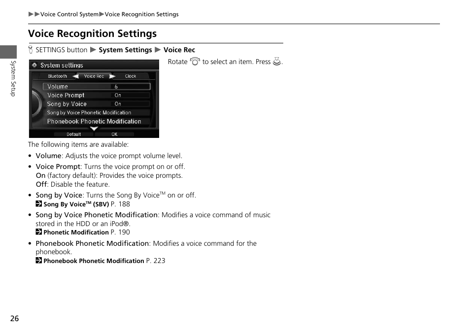 Voice recognition settings, P26) | Acura 2015 MDX - Navigation Manual (Without Software Update) Ver. ST02 User Manual | Page 27 / 341