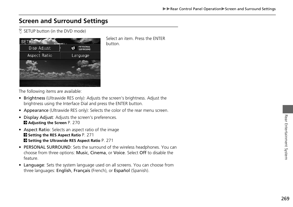 Screen and surround settings | Acura 2015 MDX - Navigation Manual (Without Software Update) Ver. ST02 User Manual | Page 270 / 341