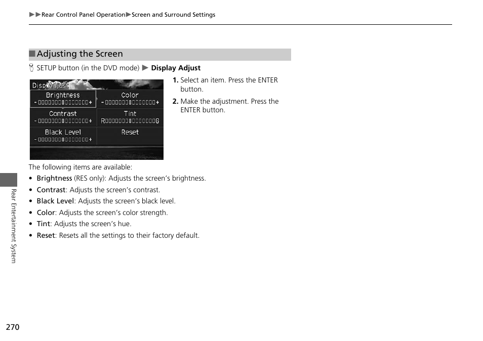2 adjusting the screen, P. 270, Adjusting the screen | Acura 2015 MDX - Navigation Manual (Without Software Update) Ver. ST02 User Manual | Page 271 / 341