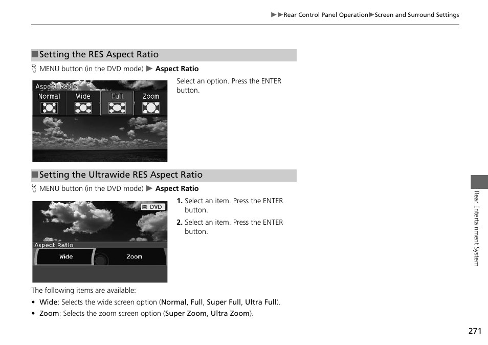 2 setting the res aspect ratio, P. 271, 2 setting the ultrawide res aspect ratio | Acura 2015 MDX - Navigation Manual (Without Software Update) Ver. ST02 User Manual | Page 272 / 341