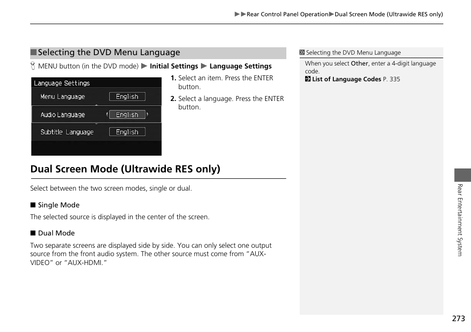Dual screen mode (ultrawide res only).273, Dual screen mode (ultrawide res only), Selecting the dvd menu language | Acura 2015 MDX - Navigation Manual (Without Software Update) Ver. ST02 User Manual | Page 274 / 341