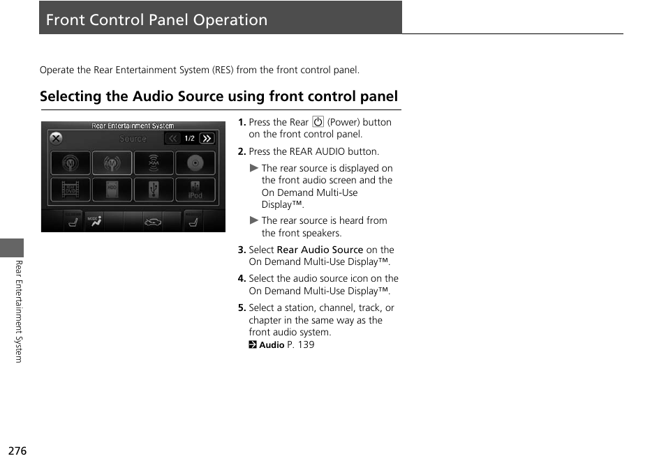 Front control panel operation 276, P276), Front control panel operation | Selecting the audio source using front, Control panel, 2 front control panel operation, P. 276 | Acura 2015 MDX - Navigation Manual (Without Software Update) Ver. ST02 User Manual | Page 277 / 341