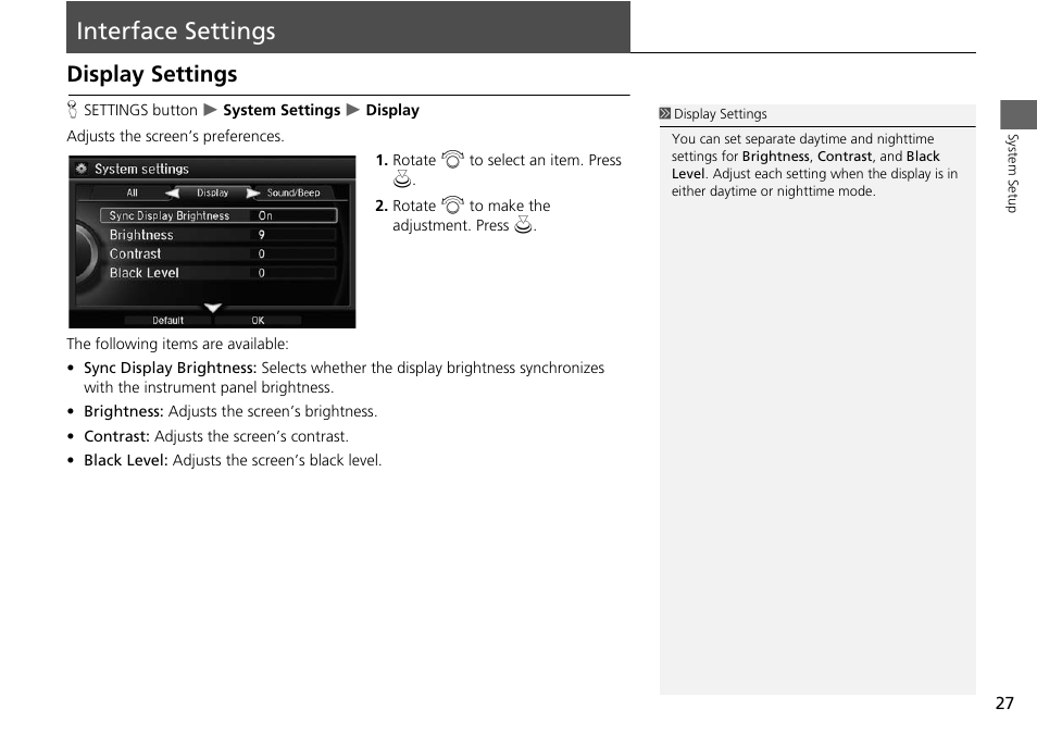 Interface settings 27, Interface settings, Display settings | Acura 2015 MDX - Navigation Manual (Without Software Update) Ver. ST02 User Manual | Page 28 / 341