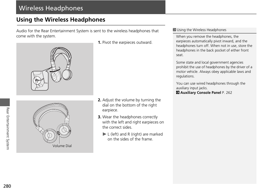 Wireless headphones 280, Wireless headphones, Using the wireless headphones | Acura 2015 MDX - Navigation Manual (Without Software Update) Ver. ST02 User Manual | Page 281 / 341