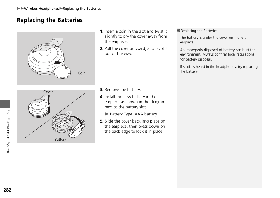 Replacing the batteries | Acura 2015 MDX - Navigation Manual (Without Software Update) Ver. ST02 User Manual | Page 283 / 341