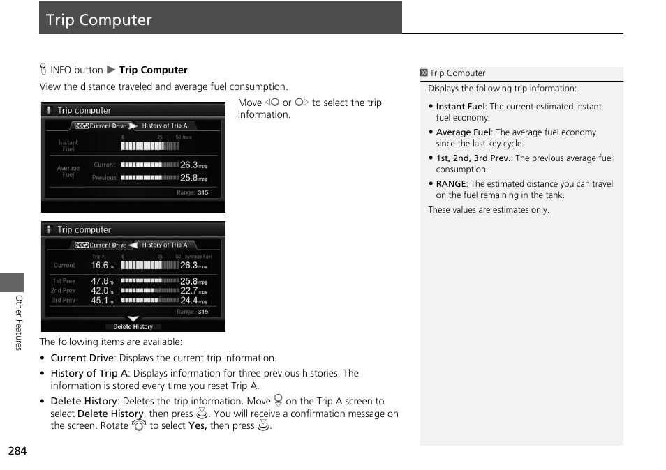 Trip computer 284, Trip computer | Acura 2015 MDX - Navigation Manual (Without Software Update) Ver. ST02 User Manual | Page 285 / 341