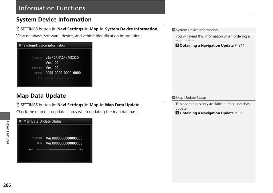 Information functions 286, System device information, P. 286 | Map data update, Information functions, System device information map data update | Acura 2015 MDX - Navigation Manual (Without Software Update) Ver. ST02 User Manual | Page 287 / 341