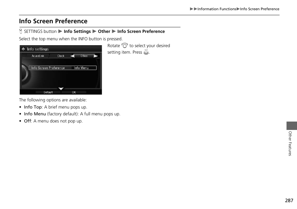 Info screen preference | Acura 2015 MDX - Navigation Manual (Without Software Update) Ver. ST02 User Manual | Page 288 / 341