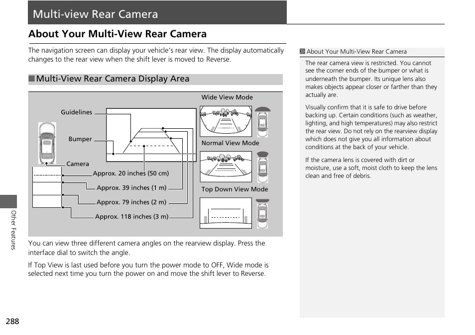 Multi-view rear camera 288, Multi-view rear camera, About your multi-view rear camera | Multi-view rear camera display area | Acura 2015 MDX - Navigation Manual (Without Software Update) Ver. ST02 User Manual | Page 289 / 341