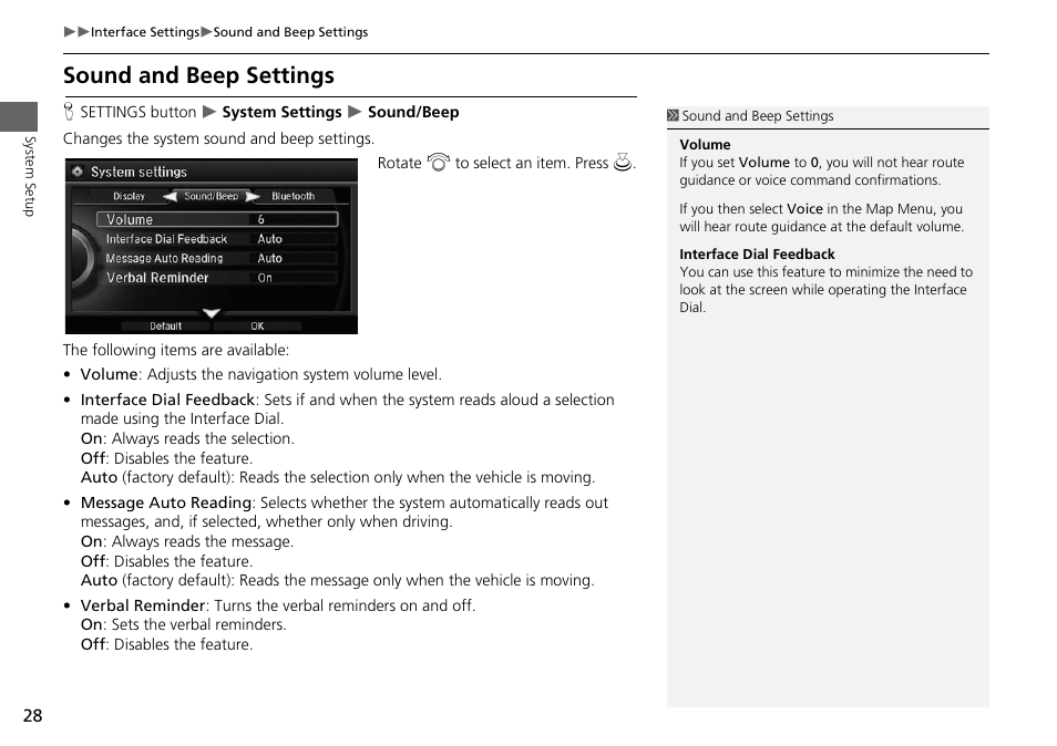 Sound and beep settings | Acura 2015 MDX - Navigation Manual (Without Software Update) Ver. ST02 User Manual | Page 29 / 341