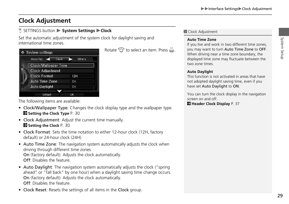 Clock adjustment | Acura 2015 MDX - Navigation Manual (Without Software Update) Ver. ST02 User Manual | Page 30 / 341