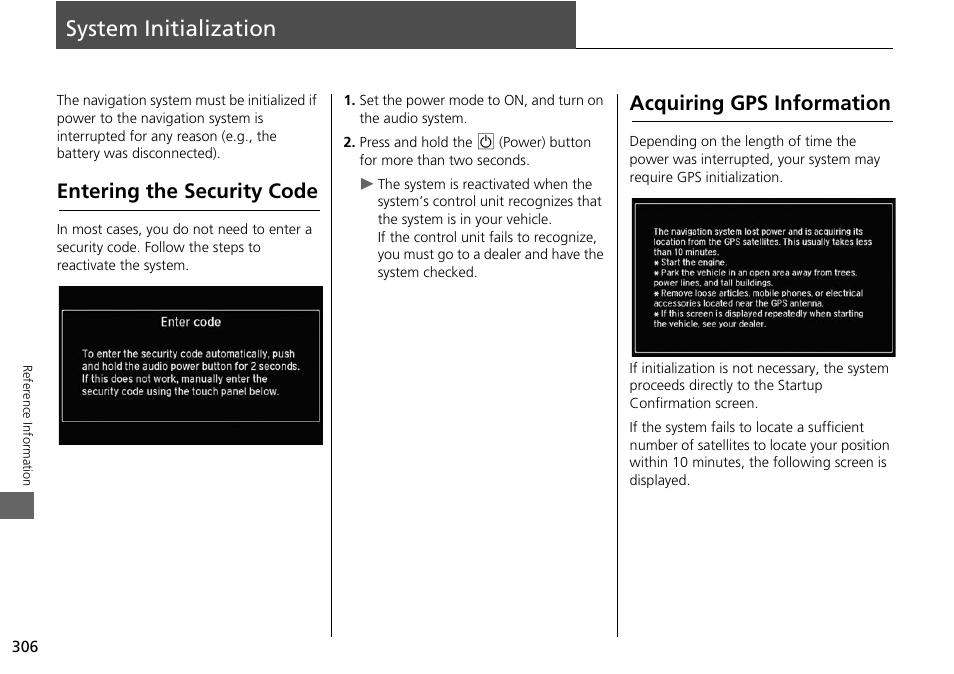 System initialization 306, System initialization, P. 306 | Entering the security code, Acquiring gps information | Acura 2015 MDX - Navigation Manual (Without Software Update) Ver. ST02 User Manual | Page 307 / 341