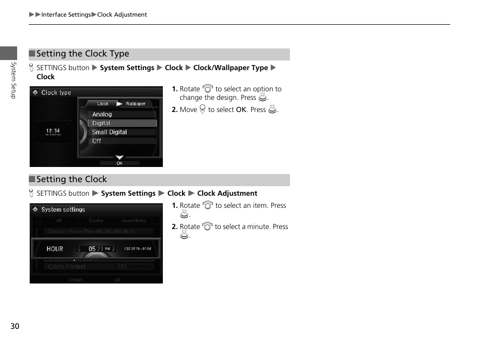 Setting the clock type, P. 30, Setting the clock | Acura 2015 MDX - Navigation Manual (Without Software Update) Ver. ST02 User Manual | Page 31 / 341