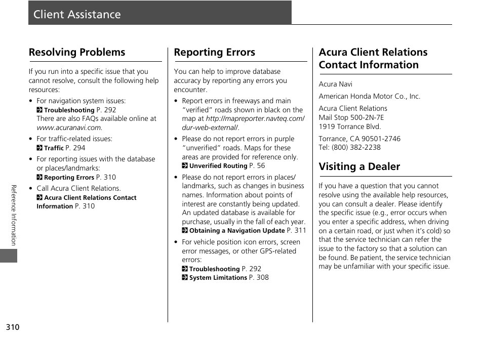 Client assistance 310, 2 acura client relations contact information, P. 310 | 2 reporting errors, Client assistance, Visiting a dealer, Resolving problems, Reporting errors, Acura client relations contact information | Acura 2015 MDX - Navigation Manual (Without Software Update) Ver. ST02 User Manual | Page 311 / 341