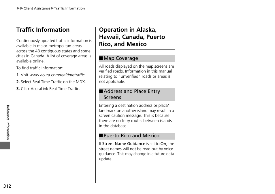 Puerto rico, and mexico, Traffic information | Acura 2015 MDX - Navigation Manual (Without Software Update) Ver. ST02 User Manual | Page 313 / 341