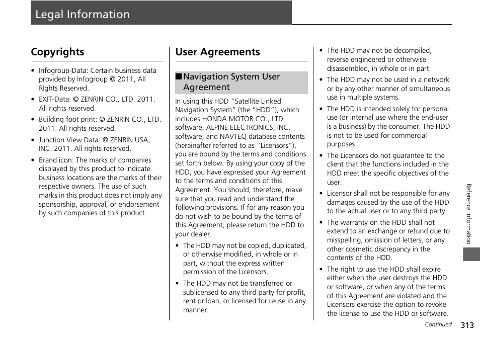 Legal information 313, Legal information, Copyrights user agreements | Copyrights, User agreements | Acura 2015 MDX - Navigation Manual (Without Software Update) Ver. ST02 User Manual | Page 314 / 341