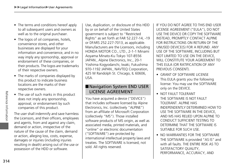 Navigation system end user license agreement | Acura 2015 MDX - Navigation Manual (Without Software Update) Ver. ST02 User Manual | Page 315 / 341
