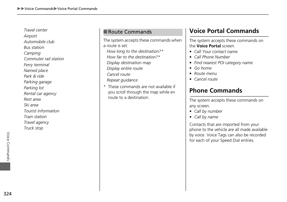 2 route commands p. 324, Voice portal commands phone commands, Voice portal commands | Phone commands | Acura 2015 MDX - Navigation Manual (Without Software Update) Ver. ST02 User Manual | Page 325 / 341