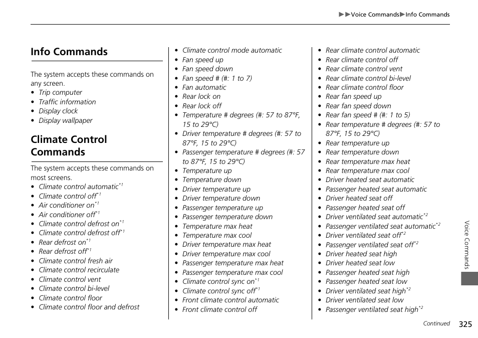 Info commands climate control commands, Info commands, Climate control commands | Acura 2015 MDX - Navigation Manual (Without Software Update) Ver. ST02 User Manual | Page 326 / 341