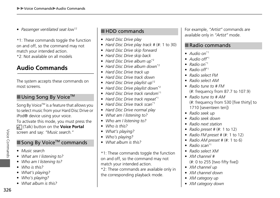 2 song by voice, Commands p. 326, Audio commands | Using song by voice, Song by voice, Commands, Hdd commands, Radio commands | Acura 2015 MDX - Navigation Manual (Without Software Update) Ver. ST02 User Manual | Page 327 / 341