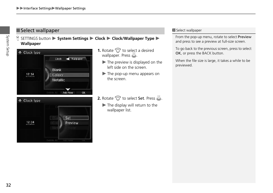 Select wallpaper | Acura 2015 MDX - Navigation Manual (Without Software Update) Ver. ST02 User Manual | Page 33 / 341