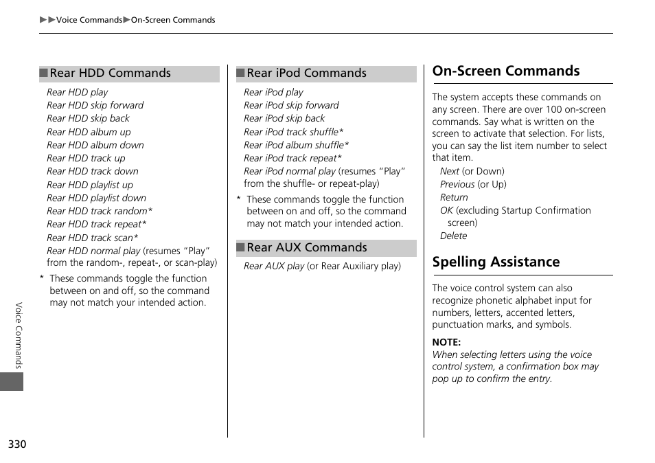 On-screen commands spelling assistance, On-screen commands, Spelling assistance | Acura 2015 MDX - Navigation Manual (Without Software Update) Ver. ST02 User Manual | Page 331 / 341