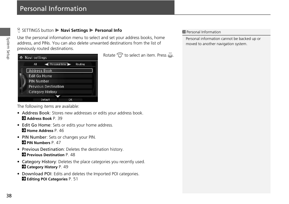 Personal information 38, Personal information | Acura 2015 MDX - Navigation Manual (Without Software Update) Ver. ST02 User Manual | Page 39 / 341