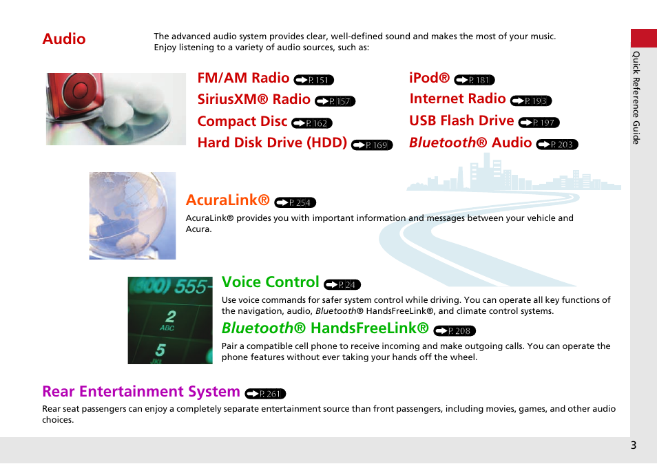 Rear entertainment system, Audio, Acuralink | Voice control, Bluetooth ® handsfreelink | Acura 2015 MDX - Navigation Manual (Without Software Update) Ver. ST02 User Manual | Page 4 / 341