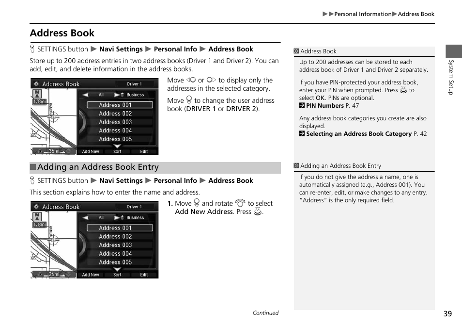 P39), Address book, P. 39 | Adding an address book entry | Acura 2015 MDX - Navigation Manual (Without Software Update) Ver. ST02 User Manual | Page 40 / 341