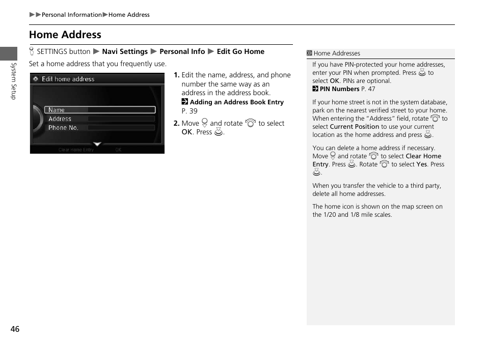 P46), Home address, P. 46 | Acura 2015 MDX - Navigation Manual (Without Software Update) Ver. ST02 User Manual | Page 47 / 341