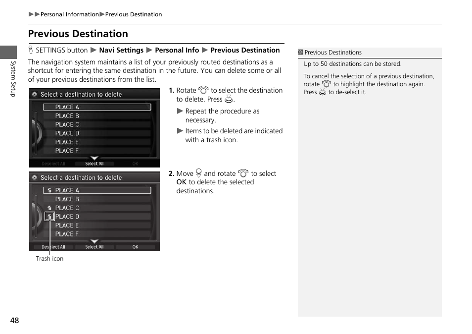 Previous destination, P. 48 | Acura 2015 MDX - Navigation Manual (Without Software Update) Ver. ST02 User Manual | Page 49 / 341