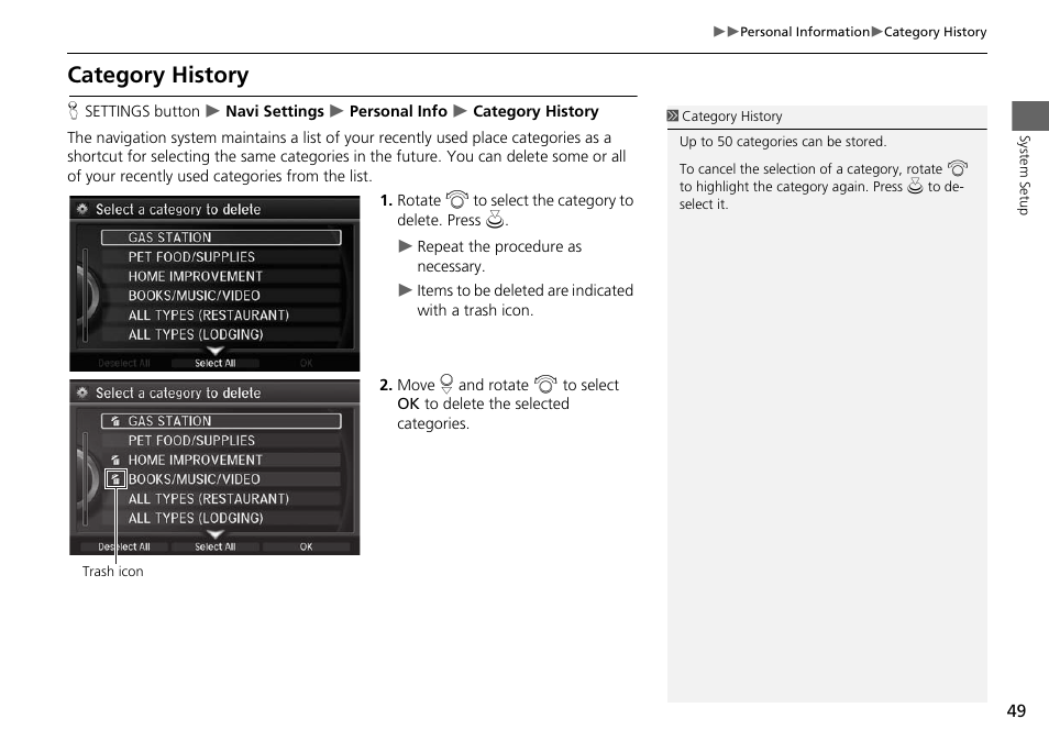 Category history, P. 49 | Acura 2015 MDX - Navigation Manual (Without Software Update) Ver. ST02 User Manual | Page 50 / 341