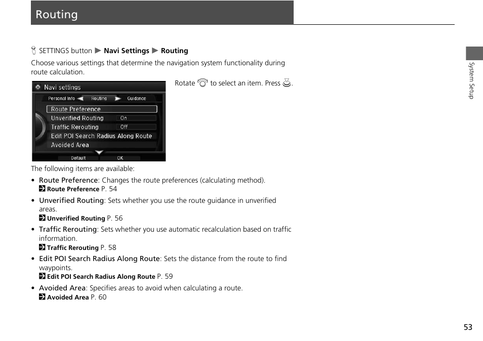 Routing 53, Routing | Acura 2015 MDX - Navigation Manual (Without Software Update) Ver. ST02 User Manual | Page 54 / 341