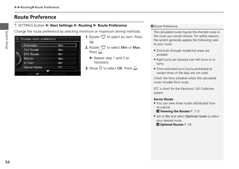 Route preference, P. 54 | Acura 2015 MDX - Navigation Manual (Without Software Update) Ver. ST02 User Manual | Page 55 / 341