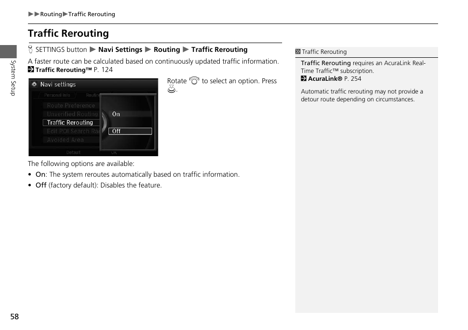 Traffic rerouting, P. 58 | Acura 2015 MDX - Navigation Manual (Without Software Update) Ver. ST02 User Manual | Page 59 / 341