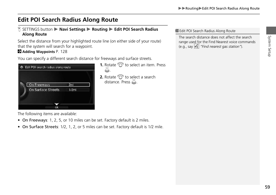 Edit poi search radius along route, P. 59 | Acura 2015 MDX - Navigation Manual (Without Software Update) Ver. ST02 User Manual | Page 60 / 341