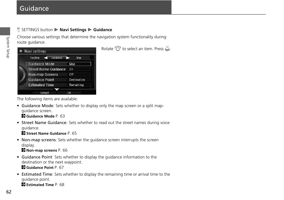Guidance 62, Guidance | Acura 2015 MDX - Navigation Manual (Without Software Update) Ver. ST02 User Manual | Page 63 / 341