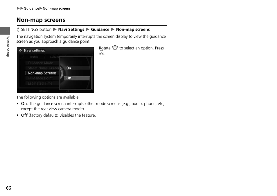 Non-map screens, P. 66 | Acura 2015 MDX - Navigation Manual (Without Software Update) Ver. ST02 User Manual | Page 67 / 341