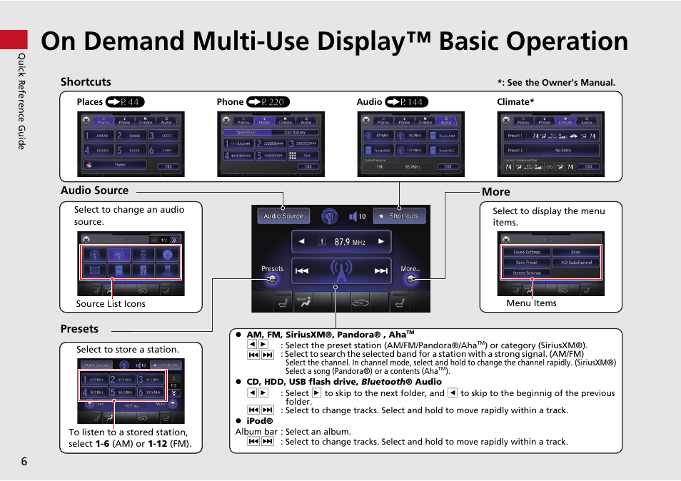 On demand multi-use display™ basic operation | Acura 2015 MDX - Navigation Manual (Without Software Update) Ver. ST02 User Manual | Page 7 / 341