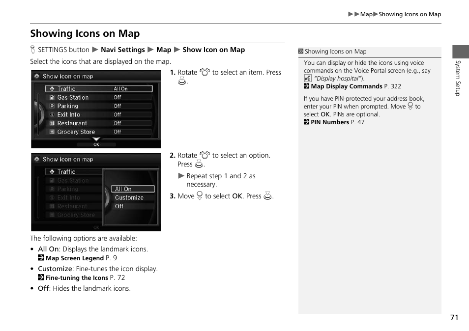 P71), Showing icons on map, P. 71 | Acura 2015 MDX - Navigation Manual (Without Software Update) Ver. ST02 User Manual | Page 72 / 341