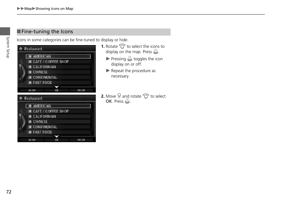 Fine-tuning the icons, P. 72 | Acura 2015 MDX - Navigation Manual (Without Software Update) Ver. ST02 User Manual | Page 73 / 341