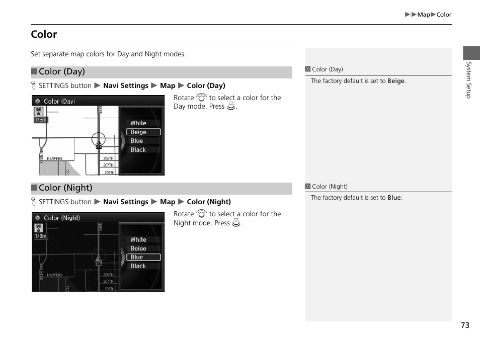 Color, P. 73 | Acura 2015 MDX - Navigation Manual (Without Software Update) Ver. ST02 User Manual | Page 74 / 341