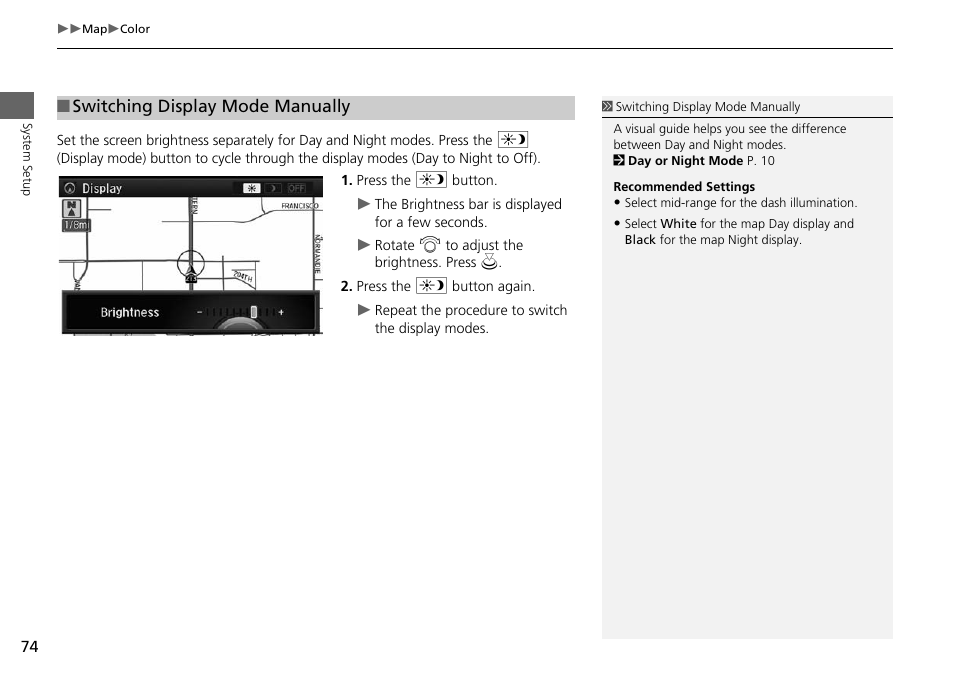 P74), Switching display mode manually | Acura 2015 MDX - Navigation Manual (Without Software Update) Ver. ST02 User Manual | Page 75 / 341
